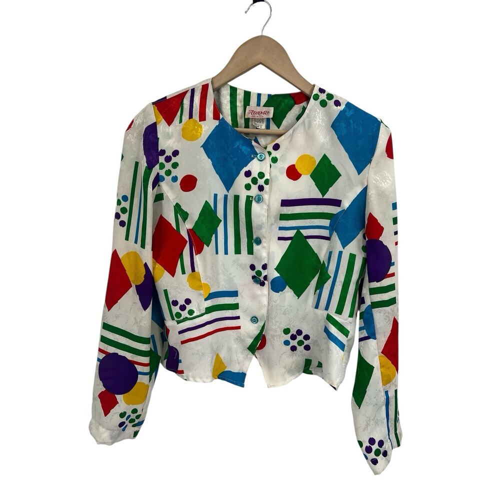 VTG 80s Adamo Geometric Primary Color Satin Button Front Structured Blouse 12
